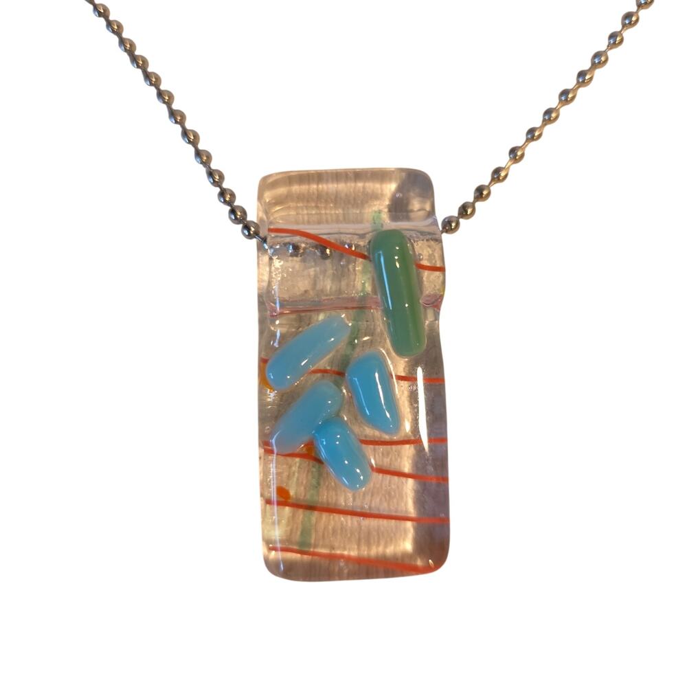 Vintage‎ Fused Art Glass Pendant Necklace Hand Blown Rectangular Abstract